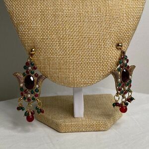 VINTAGE Large Gold & Ruby Clip-On Dangly Earrings